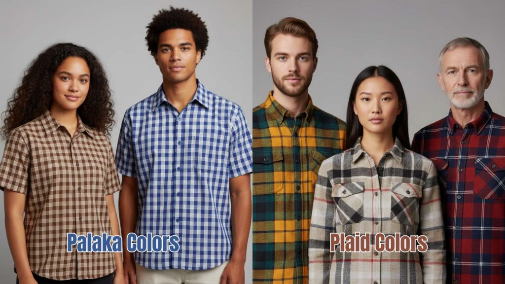 Group of models wearing Hawaiian palaka shirts and Scottish plaid shirts, displaying different fabric colors and patterns side by side for a visual comparison.