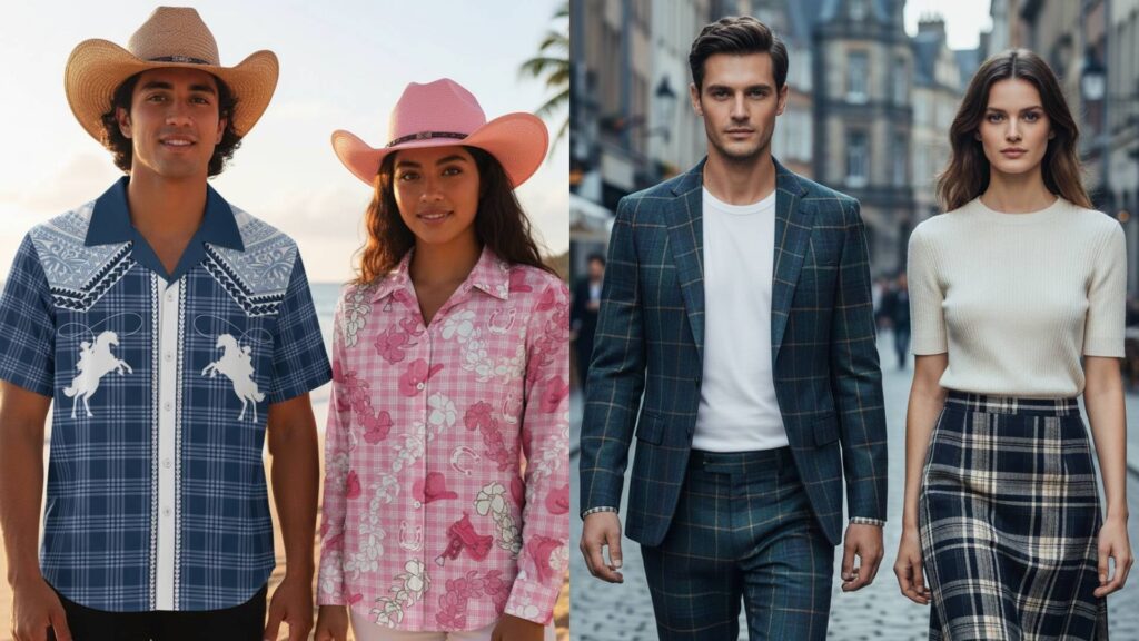 Side-by-side image showing a man and woman wearing Hawaiian palaka cowboy-style shirts with hats, next to two models dressed in elegant European plaid outfits walking through a city street.