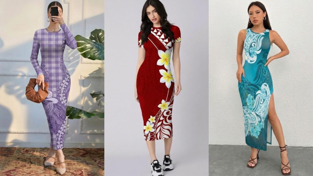 Three women modeling popular styles of bodycon dress in purple check, red floral and turquoise tropical prints