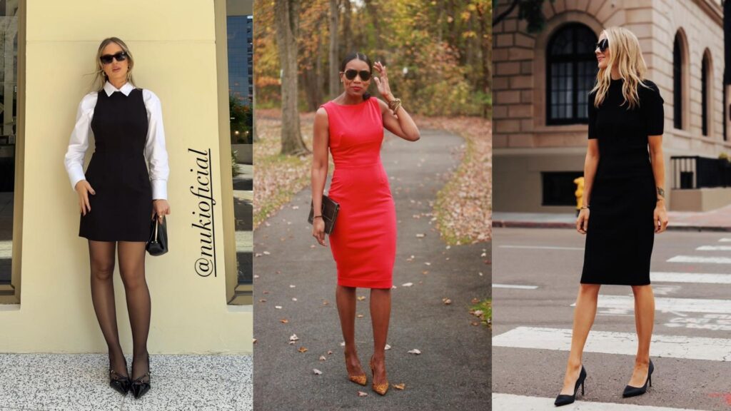 Three women in black and red sheath dresses styled with heels and handbags, demonstrating day to night sheath dress outfits
