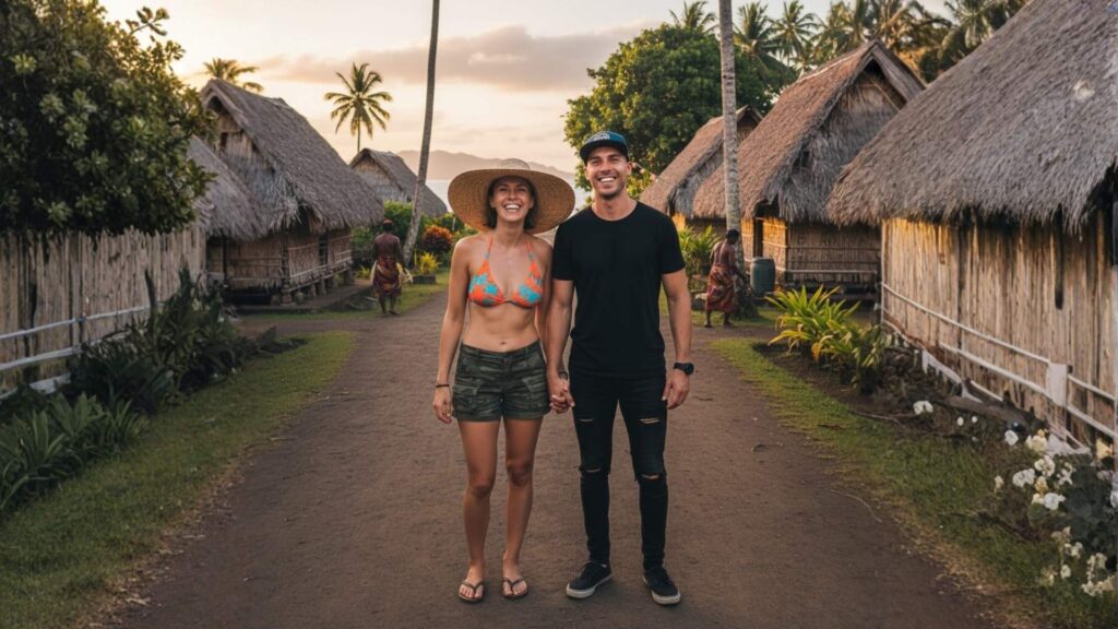 what not to wear in fiji in the village - What to Wear in Fiji A couple wearing inappropriate clothing in a traditional village in Fiji, which must not be done because it is disrespectful.