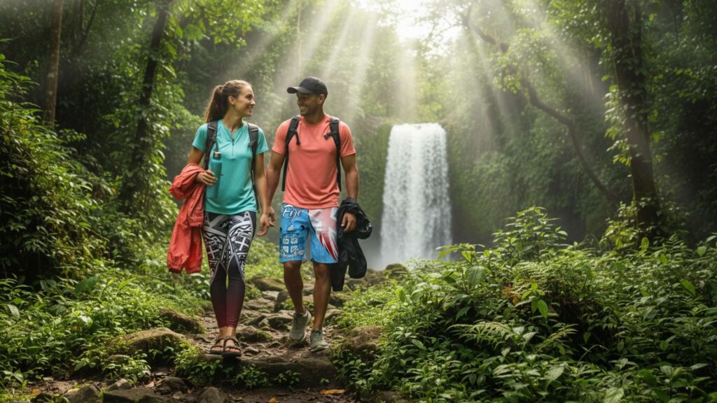what to wear in fiji when trekking - What to Wear in Fiji A couple hiking through lush Fijian jungle trails on a bright tropical morning, heading toward a hidden waterfall.