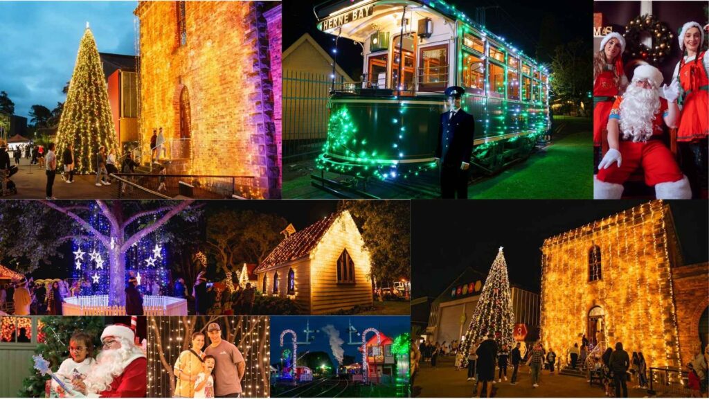 Christmas light displays at MOTAT Auckland, featuring illuminated buildings, festive tram rides, Santa meet-and-greets, and decorated outdoor spaces.