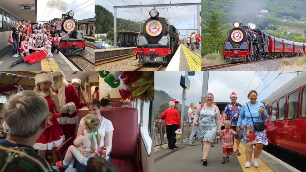 North Pole Express Christmas train experience in Kāpiti, featuring decorated vintage trains, passengers in festive outfits, and Santa-themed onboard activities.
