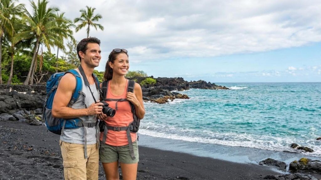 A couple exploring Punaluʻu Black Sand Beach on the Big Island, standing on the volcanic shoreline with palm trees and turquoise ocean in the background.