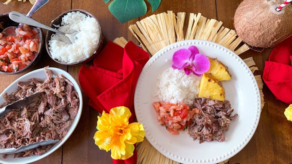image Kalua pork, fresh fish, poke, rice, in a Christmas luau feast